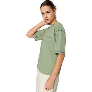 Trendyol Dames Green Caryoca Stitched Bedrukt Los Gebreide T-shirt, XS