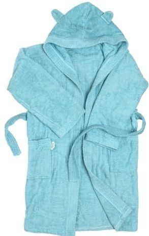 Kinderbadjas voor jongens of meisjes, met capuchon en zijzakken, zeer zacht en absorberend, badstof, 100% katoen, design met capuchon met oren, Lichtblauw, 6 Jaar