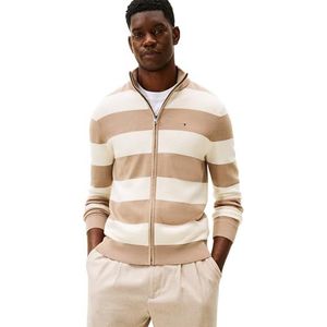 Tommy Hilfiger Heren Block Stripe Katoen Zip Through MW0MW41483 Zip Through Trui, Wit, XL, Wit (Coastal Taupe/Ivoor Bloemblaadje), XL