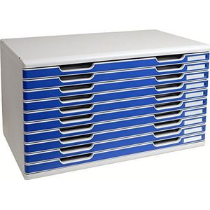 Exacompta - ref. 324003D - Organisatiesysteem - Ladebox MODULO A3 met 10 gesloten laden voor A3+ documenten - Afmetingen: Diepte 35 x Breedte 57,6 x Hoogte 32 cm - Lichtgrijs/blauw