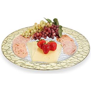 Relaxdays serveerbord, Ø 36 cm, structuurglas look, hapjes, gebak, kaas, vlees, ronde serveerschaal, goud/transparant
