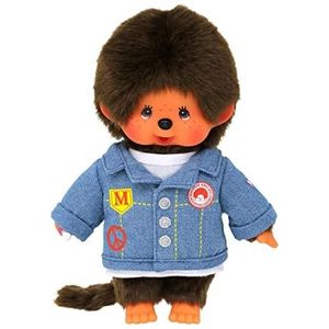 Bandai - Monchhichi SE23396 Pluche dier Monchhichi jeansjack, iconische aapknuffeldier uit de jaren 80, superzacht knuffeldier van 20 cm voor kinderen, speelgoed voor kinderen vanaf 2 jaar