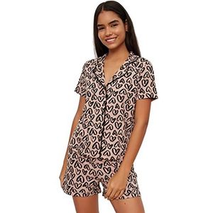 Trendyol Vrouwen hart biezen gedetailleerde midden gebreide shirt-korte pyjama set, Veelkleurig, M