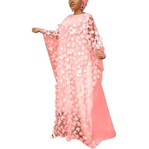 HD African Women Applique Flower Dress Boat Neck Pink (Coral) Caftan Chiffon Gown One Size