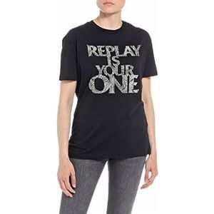 Replay Dames T-shirt korte mouwen met opschrift, 098 Black, L