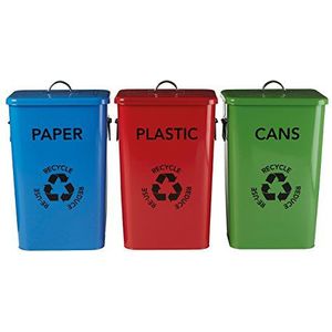 Premier Housewares Kunststof, papier en blikjes Recycle Logo Bins - Meerkleurig, Set van 3
