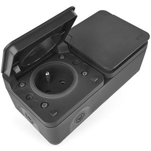 EMOS Cyklone Dubbel stopcontact voor buiten, met klapdeksels/wandcontactdoos in Franse standaard, waterdicht IP55, voor binnen en buiten, vochtige ruimtes, opbouw voor wandmontage, grijs/antraciet