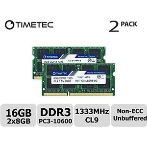 Timetec 16GB KIT (2x8GB) DDR3 1333MHz PC3-10600 Non-ECC Unbuffered 1.5V CL9 2Rx8 Dubbele rang 204 Pin SODIMM Laptop Notebook PC Computer Geheugen RAM Module Upgrade (16GB KIT (2x8GB))