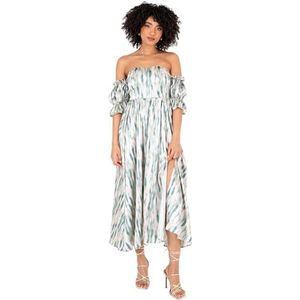 Lovedrobe Dames Dames Dames Midaxi Jurk Bardot Off-The-Shoulder Neckline Short Ruffle Sleeve A-lijn Split Leg Abstract Print, Blauw 40, blauw, 40