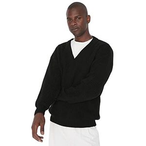 Trendyol Heren V-hals effen oversized sweater sweatshirt, Zwart, S