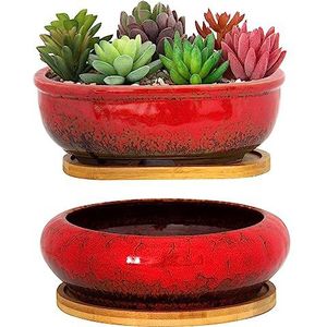 ARTKETTY Succulente potten, keramische vetplanten potten met afvoer, bamboe lade, 1 rechthoekige bloempot + 1 ronde bloempot voor binnen cactus bonsaiplanten thuis (rood)