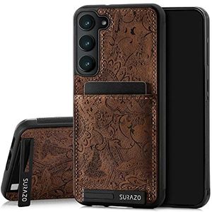 SURAZO Premium echt lederen back case voor Samsung Galaxy S23 Plus, stootvast lederen telefoonhoes cover met kaartenvak, standfunctie, sleutelring] bloemen slanke bumper beschermhoes (ornament bruin)