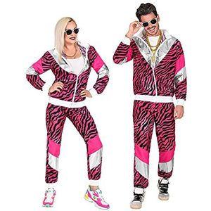 Widmann - Kostuum jaren 80 trainingspak tijger, licht op onder UV-licht, roze, jas en broek, dierenprint, joggingpak, retro stijl, badknoop, party, carnaval