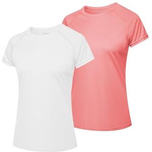 MEETWEE Surf shirt voor dames, Rash Guard UV-shirts, zwemmen, tankini, UPF 50+, korte mouwen, badshirt, badmode shirt, roze rood + wit, S