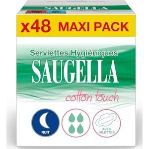 Saugella - Cotton Touch Night - Maandverband - Zeer Absorberend - Extra fijn - Hypoallergeen met vleugels - Geurremmend - 48 handdoeken - Set van 4 x 12