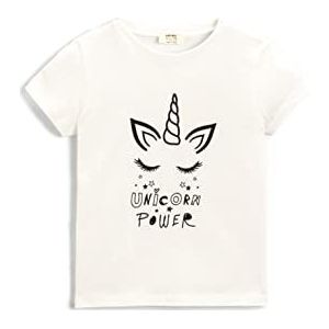 Koton T-shirt voor meisjes, eenhoorn, bedrukt met korte mouwen, katoen, ronde hals, Ecru (002), 11-12 Jaar