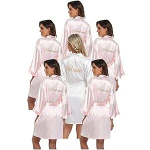 PENGEE 6 Stuks Vrouwen Satijn Bruiloft Robe Set Bruid Bruidsmeisje Kimono Sets Bruids Douche Klaar Zijdeachtige Badjas, Roze & Wit, one size