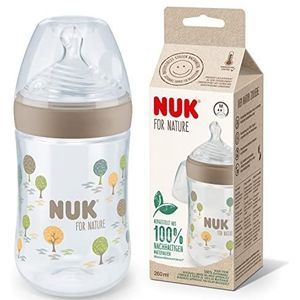 NUK for Nature Babyfles, middelgrote drinkzuiger, 260 ml, op de moederborst gemodelleerde drinkzuiger van siliconen met anti-koliekventiel, temperatuurregeling, BPA-vrij, beige