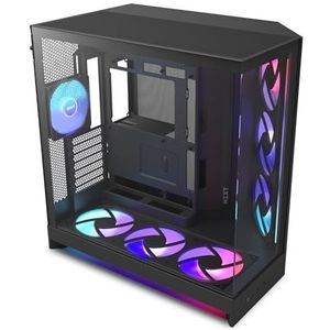NZXT H9 Flow RGB+ (2025) - Grote Dual-Chamber ATX Mid-Tower PC-kast met luchtstroom - Inclusief 7 RGB-ventilatoren (6 x 140mm, 1 x 120mm) & besturingshub - Ondersteuning voor 420mm radiator - Zwart