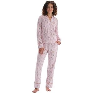 Dagi Dames lange mouw kleine bloem bedrukt shirt broek pyjama pak pyjama set, Lichtroze, M
