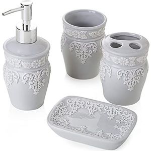 Baroni Home Set van keramische badaccessoires, inclusief dispenser, tandenborstelhouder, beker en zeepbakje, plat reliëf, 4-delige set, lichtgrijs