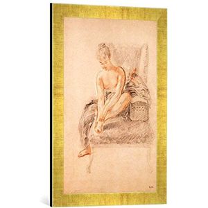 Ingelijste afbeelding van Jean Antoine Watteau Semi-Nude Woman Seated on a Chaise Longue, Holding her Foot, Art Print in hoogwaardige handgemaakte fotolijsten, 40x60 cm, Gold Raya