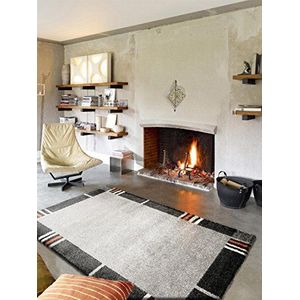 Benuta Shaggy Hoogpolig tapijt Umbria Border grijs 80x150 cm | Langpolig tapijt voor slaapkamer en woonkamer