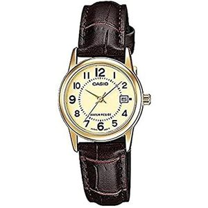 Casio Dameshorloge, goudkleurig, traditionele wijzerplaat, met bruine leren band, bruin/goud, Riem