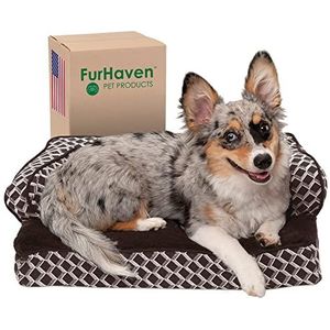 FurHaven Huisdierbed voor honden en katten - pluche en decoratie, comfortabele bank, sofa-stijl, verkoelend gelschuim hondenbed, afneembare machinewasbare hoes - diamantbruin, klein
