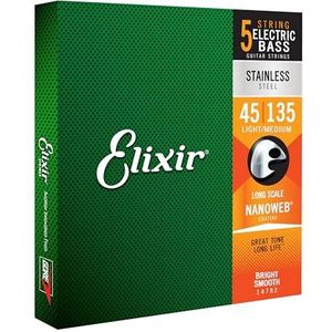 Elixir® Strings roestvrijstalen snaren voor vijfsnarige basgitaar met NANOWEB®-Coating, lange nek, licht/medium (.045-.135)