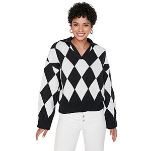Trendyol Dames Polo hals Diamond patroon Regular Sweater sweatshirt, zwart, M, Zwart, M