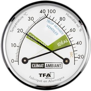 TFA Dostmann Thermo analoge hygrometer thermometer in het Frans, 45.2024.FR, met metalen ring, temperatuur- en vochtigheidsmeting, met comfortzones, zilver