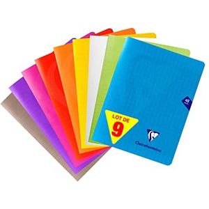 Clairefontaine 293751AMZC - Set van 9 Mimesys Geniet Schriften - 17x22 cm - 48 Grote Ruiten Pagina's - 90g Wit Papier - Polypropyleen kaft (Blauw,Rood, Geel,Groen, Violet,Grijs,Rose,Kleurloos,Oranje)