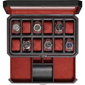 Horlogedoos met valetlade voor mannen, luxe horlogedoos met 12 vakken, display organisator, microsuède voering, vergrendeling, juwelen, opbergdoos, houder, groot, glazen bovenkant (zwart/rood)