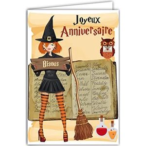 Afie 67-1245 verjaardagskaart met envelop voor meisjes, heksenfans, fantastische roman, rooster, kast, betekenis, planten, hoed, bezem, magische uil
