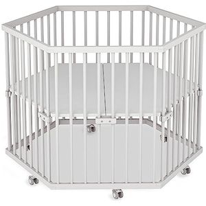 Sämann Babybox 6-hoekig, zeshoekig, traploos in hoogte verstelbaar, babybed van hout, complete set, wit