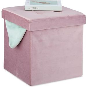 Relaxdays poef met opbergruimte, fluweel, gepolsterde zithocker, vierkant, 38 x 38 x 38 cm, opvouwbare zitkist, roze