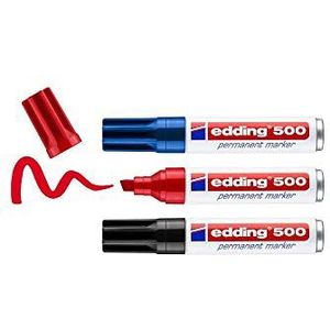 edding 500 permanent marker - meerkleurig - 3 stiften - beitelpunt 2-7 mm - watervast, sneldrogend - wrijfvast - voor karton, kunststof, hout, metaal, glas