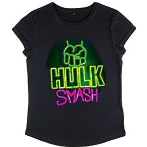 Marvel Women's Avengers Classic-Neon Hulk Smash T-shirt met opgerolde mouwen, zwart, L, zwart, L