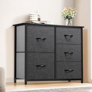 YITAHOME Ladekast met 5 laden, stoffen dressoirs met gemakkelijk trekhandvat, stevig stalen frame, opbergladen voor slaapkamer, kinderkamer, kast, kleding, zwart/grijs