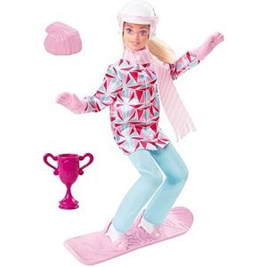 ​Barbie Wintersport Snowboarder, blonde pop (ca. 30 cm) met jack, broek, sjaal, helm, snowboard en trofee, geweldig cadeau voor kinderen vanaf 3 jaar, HCN32