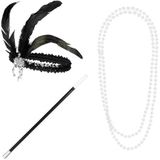 Boland 64347 - jaren 20 verkleedset voor kostuums, accessoires voor carnaval, hoofdband, sigarettenhouder en halsketting, themafeest, vrijgezellenfeest