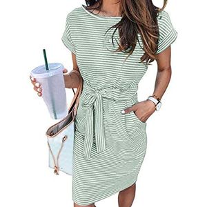 MEROKEETY Women's Summer Striped Short Sleeve T Shirt Dress Casual Tie Waist Midi Dress Mint