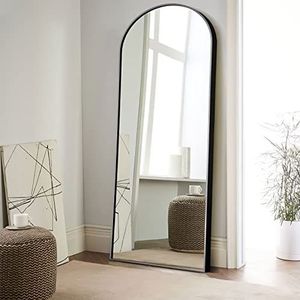NeuType 65""x22"" gebogen volledige lengte spiegel grote gebogen spiegel vloer spiegel met standaard grote slaapkamer spiegel staande of leunend tegen muur aluminium frame dressing spiegel, zwart