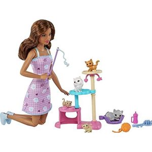 Barbie Kattenspeelplek Poppen en Huisdieren Speelset met Barbie Pop (Brunette) 1 Kat, 4 Kittens, Kattenflat en Accessoires, speelgoed voor kinderen van 3 jaar en ouder, HHB70