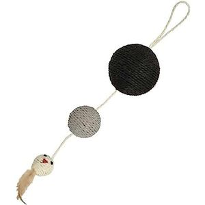 Bobby Plume Krabpaal kattenspeelgoed van gerecycled touw, met ballen en veren, om op te hangen, zwart, 55 x 12 cm
