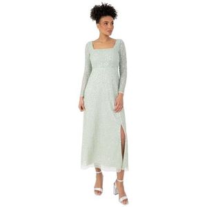 Maya Deluxe Midaxi jurk voor dames, lange mouwen, vierkante hals, pailletten, gesplitst, Empire, taille, A-lijn, bruiloft, gast, mintgroen, 36, Mint Groen, 34