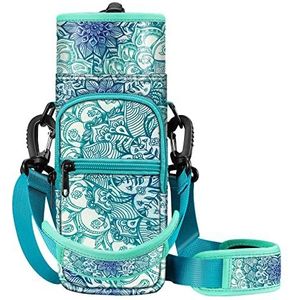 CaseBot Draagtas voor waterflessen, draagtas voor sportwaterflessen, houder met verstelbare schouderriem en 2 zakken voor mannen en vrouwen, wandelen, kamperen, reizen, Smaragdgroene illusies, Modern