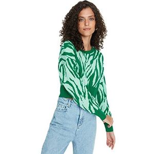 Trendyol Dames ronde hals dierlijke print normale trui sweatshirt, groen, L, Groen, L