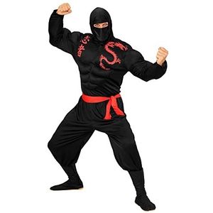 Widmann 00523 - Volwassen kostuum spierloos ninja, spiershirt, bivakmuts, broek en riem, zwart